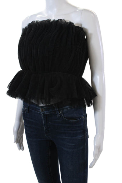 Endless Rose Womens Pleated Strapless Zip Up Cropped Blouse Top Black Size XS