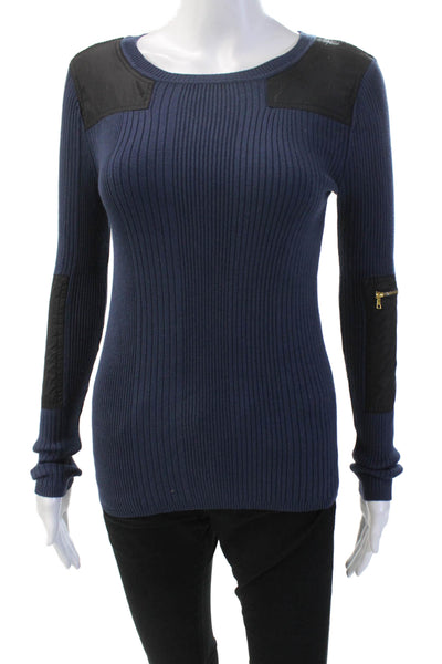 525 America Womens Long Sleeve Ribbed Contrast Trim Knit Top Blue Size XS