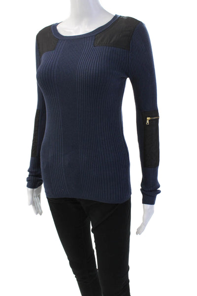 525 America Womens Long Sleeve Ribbed Contrast Trim Knit Top Blue Size XS