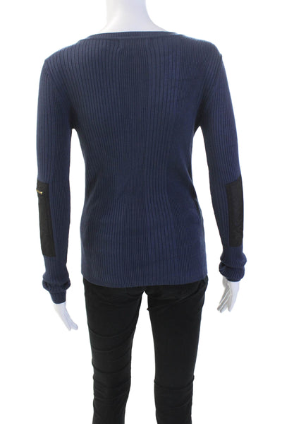 525 America Womens Long Sleeve Ribbed Contrast Trim Knit Top Blue Size XS