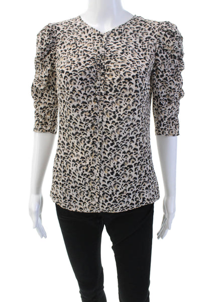 Rebecca Taylor Womens Silk Short Puff Sleeve Leopard Print Blouse Beige Size XS