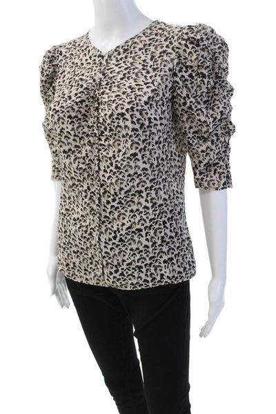 Rebecca Taylor Womens Silk Short Puff Sleeve Leopard Print Blouse Beige Size XS