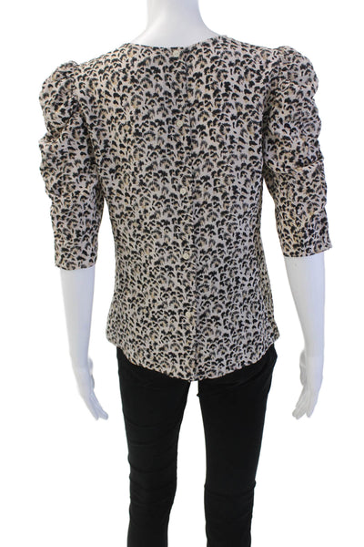 Rebecca Taylor Womens Silk Short Puff Sleeve Leopard Print Blouse Beige Size XS