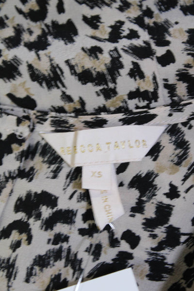 Rebecca Taylor Womens Silk Short Puff Sleeve Leopard Print Blouse Beige Size XS