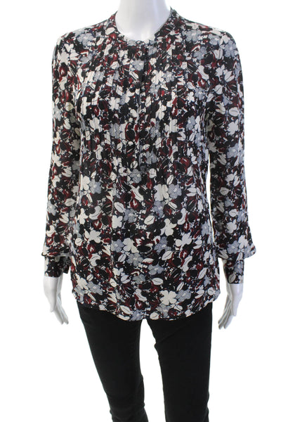Veronica Beard Womens Silk Pleated V Neck Long Sleeve Floral Blouse Black Size 2