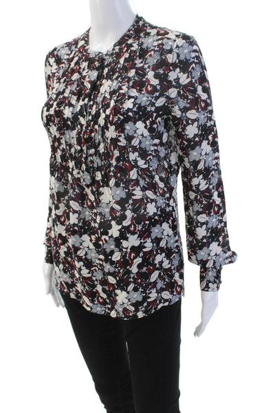Veronica Beard Womens Silk Pleated V Neck Long Sleeve Floral Blouse Black Size 2