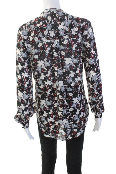 Veronica Beard Womens Silk Pleated V Neck Long Sleeve Floral Blouse Black Size 2