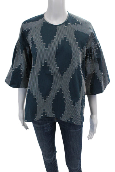 Hunter Bell Womens Abstract Embroidered Long Sleeve Blouse Top Blue Size XS