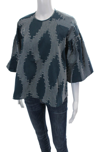 Hunter Bell Womens Abstract Embroidered Long Sleeve Blouse Top Blue Size XS