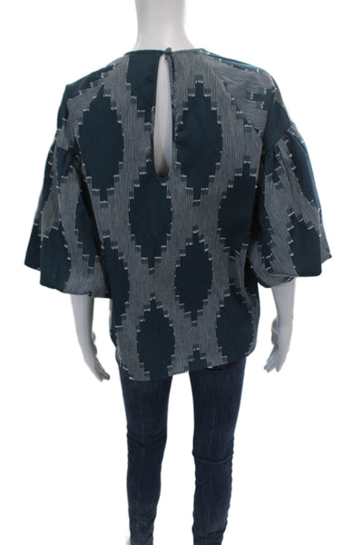 Hunter Bell Womens Abstract Embroidered Long Sleeve Blouse Top Blue Size XS