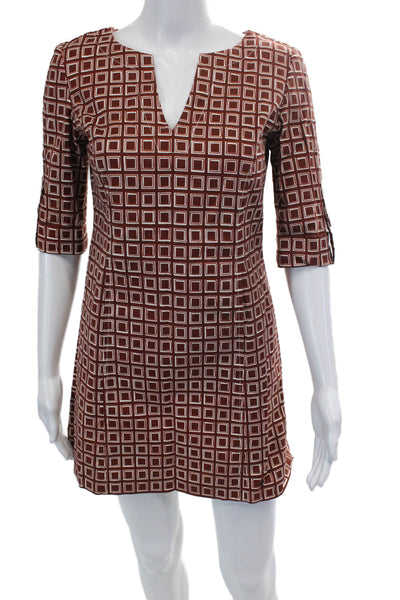 Tibi Womens Geometric Print V-Neck Short Sleeve A-Line Dress Brown Size 0