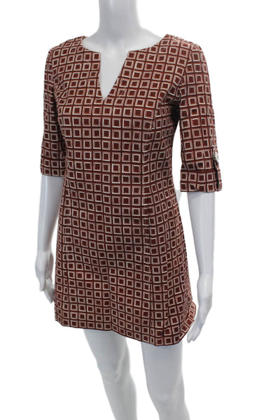 Tibi Womens Geometric Print V-Neck Short Sleeve A-Line Dress Brown Size 0