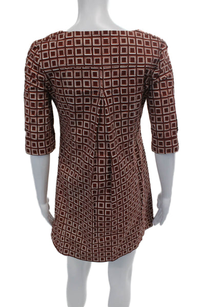 Tibi Womens Geometric Print V-Neck Short Sleeve A-Line Dress Brown Size 0