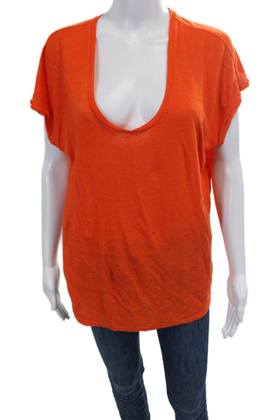 Frame Womens Linen Short Sleeve Scoop Neck Relaxed Fit T Shirt Orange Size M