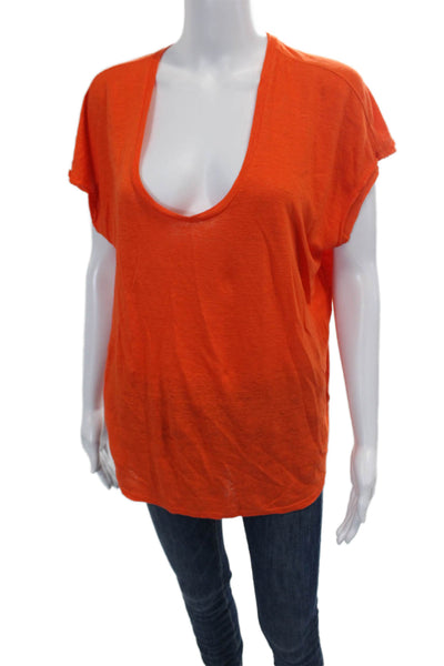 Frame Womens Linen Short Sleeve Scoop Neck Relaxed Fit T Shirt Orange Size M