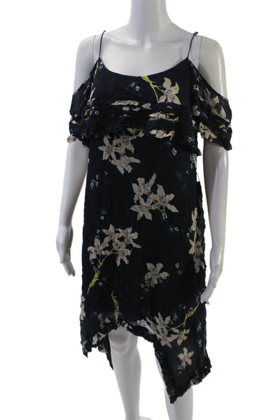 Paige Womens Silk Floral Print Layered Lace Trim Dress Dark Blue Size S