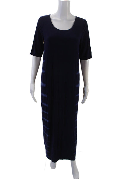 Raquel Allegra Womens Short Sleeve Round Neck Tie Dye Striped Dress Blue Size 1