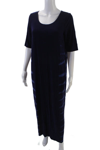 Raquel Allegra Womens Short Sleeve Round Neck Tie Dye Striped Dress Blue Size 1