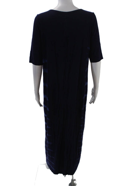 Raquel Allegra Womens Short Sleeve Round Neck Tie Dye Striped Dress Blue Size 1
