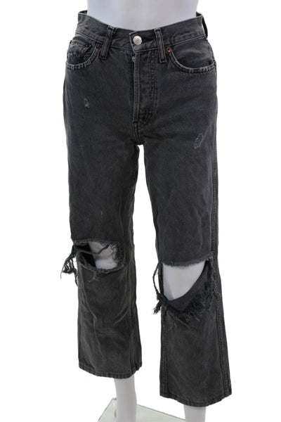 Re/Done Womens Cotton Distressed High-Rise Straight Jeans Gray Size 23