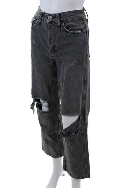 Re/Done Womens Cotton Distressed High-Rise Straight Jeans Gray Size 23