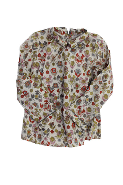 Bonpoint Womens Cotton High Neck Floral Zippered Pleated Top Beige Size 6