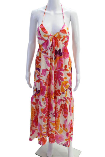 Zara Womens Open Back Halter V Neck Floral Midi Dress White Pink Size Small