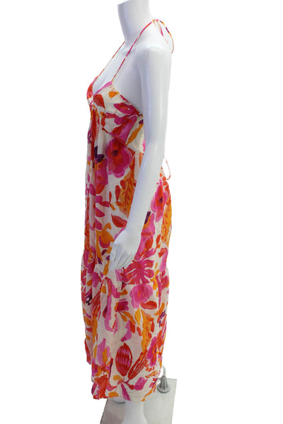 Zara Womens Open Back Halter V Neck Floral Midi Dress White Pink Size Small