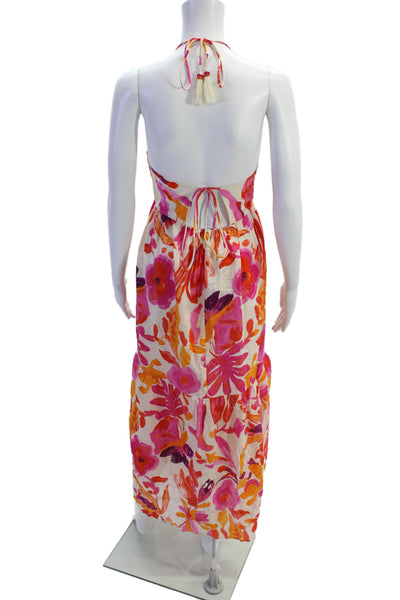 Zara Womens Open Back Halter V Neck Floral Midi Dress White Pink Size Small