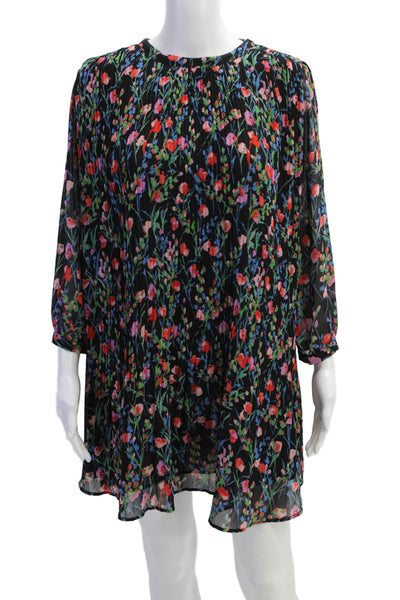 Zara Womens Long Sleeve Crew Neck Pleated Floral Mini Dress Black Multi Small