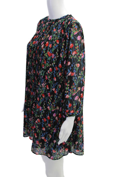 Zara Womens Long Sleeve Crew Neck Pleated Floral Mini Dress Black Multi Small