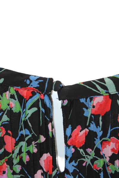 Zara Womens Long Sleeve Crew Neck Pleated Floral Mini Dress Black Multi Small