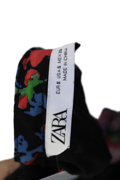 Zara Womens Long Sleeve Crew Neck Pleated Floral Mini Dress Black Multi Small