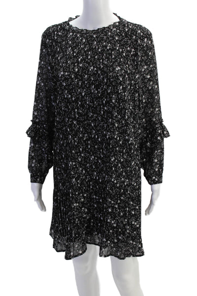 Zara Womens Long Sleeve Crew Neck Pleated Floral Mini Dress Black Size Small