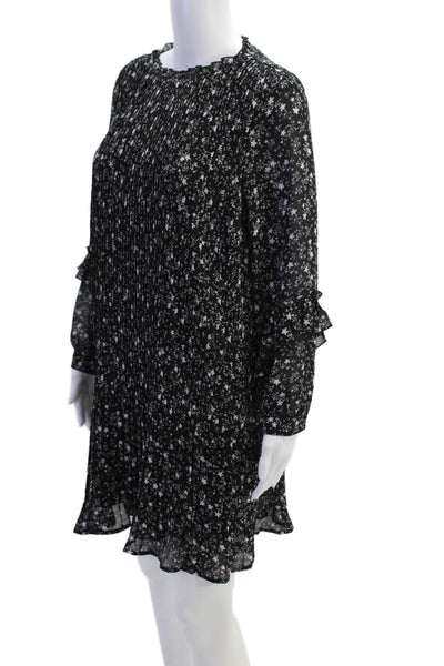 Zara Womens Long Sleeve Crew Neck Pleated Floral Mini Dress Black Size Small