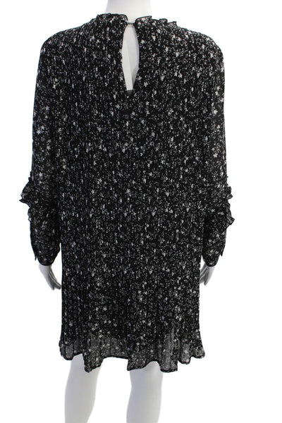 Zara Womens Long Sleeve Crew Neck Pleated Floral Mini Dress Black Size Small