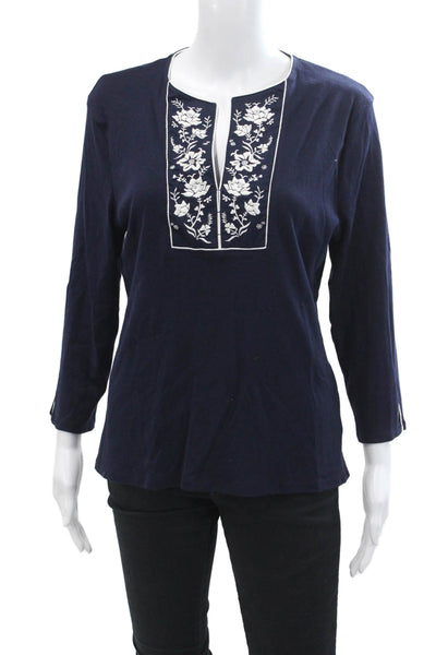Lauren Ralph Lauren Womens Cotton Floral Y-Neck Pullover Knit Top Blue Size L