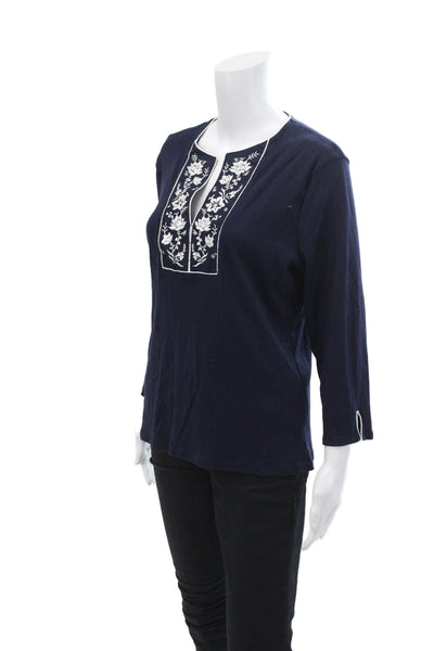 Lauren Ralph Lauren Womens Cotton Floral Y-Neck Pullover Knit Top Blue Size L