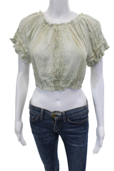 Sunday Womens Puff Sleeve Lace Detail Off The Shoulder Crop Top Green Size XL