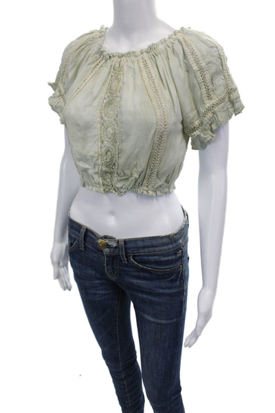Sunday Womens Puff Sleeve Lace Detail Off The Shoulder Crop Top Green Size XL