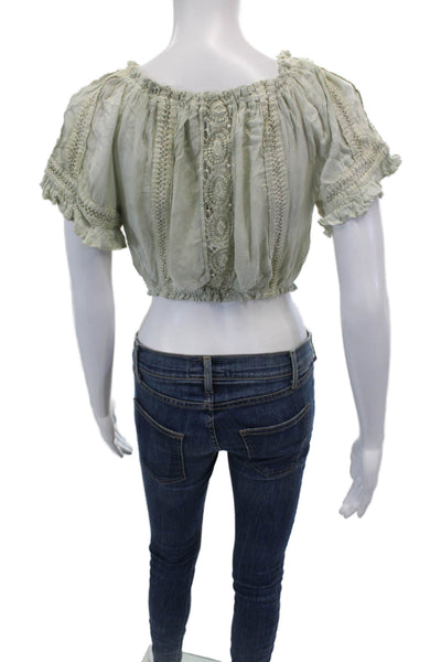 Sunday Womens Puff Sleeve Lace Detail Off The Shoulder Crop Top Green Size XL