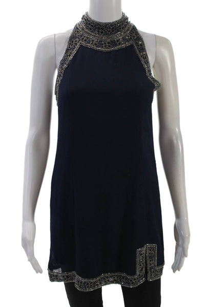 NBD Womens Beaded Halter Neck Zippered Sleeveless Tunic Blouse Blue Size XS