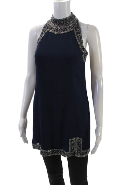 NBD Womens Beaded Halter Neck Zippered Sleeveless Tunic Blouse Blue Size XS