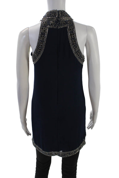 NBD Womens Beaded Halter Neck Zippered Sleeveless Tunic Blouse Blue Size XS