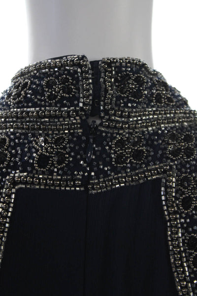 NBD Womens Beaded Halter Neck Zippered Sleeveless Tunic Blouse Blue Size XS