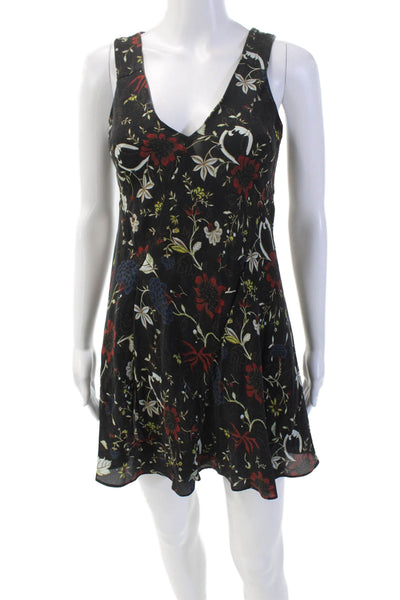 A.L.C. Womens Silk Floral Print V Neck Sleeveless A Line Dress Black Size 0