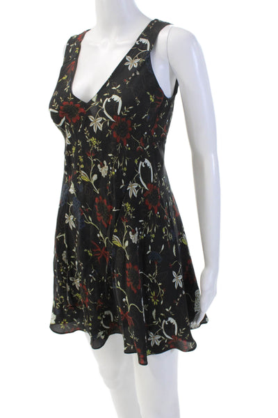 A.L.C. Womens Silk Floral Print V Neck Sleeveless A Line Dress Black Size 0
