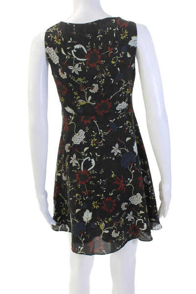 A.L.C. Womens Silk Floral Print V Neck Sleeveless A Line Dress Black Size 0