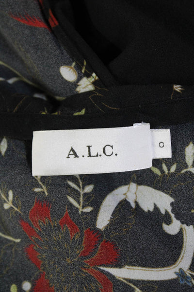 A.L.C. Womens Silk Floral Print V Neck Sleeveless A Line Dress Black Size 0
