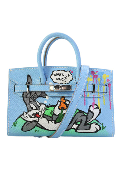 Hermes Womens Hand Painted Epsom Leather Micro Birkin 15 Handbag Blue White